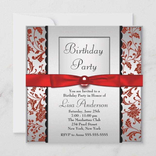 Invitation Tie Bow Rouge & Noir Damassé Anniversaire (Devant)