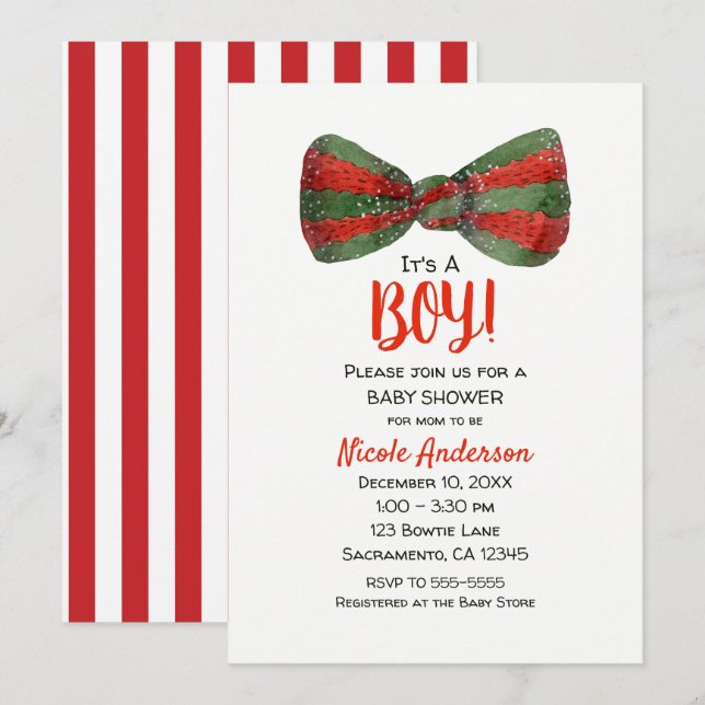 Invitation Tie de Noël Rouge & Vert Bébé Shower (Devant / Derrière)