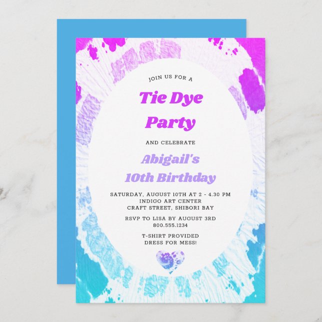 Invitation Tie Dye Anniversaire Fête rose clair Lilac Turquoi (Devant / Derrière)