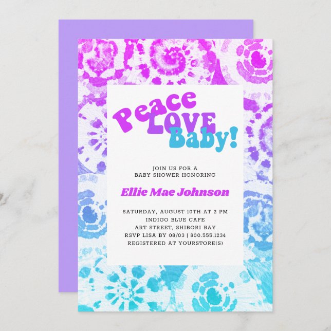 Invitation Tie Dye Baby shower Retro Peace Love Baby (Devant / Derrière)