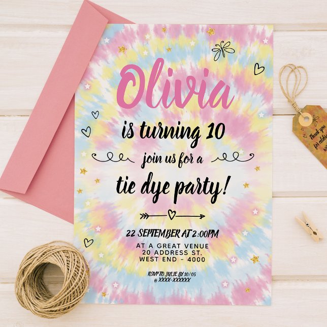 Invitation Tie Dye fête d'anniversaire (Experience the groovy colored patterns of tie dye with this  bright tie dye birthday invitation!)