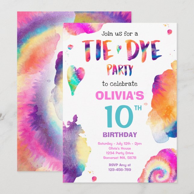Invitation Tie Dye fête d'anniversaire Bright Tie Dye fête hi (Devant / Derrière)