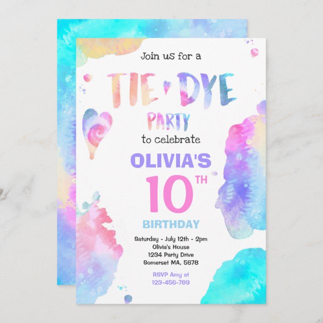 Invitation Tie Dye fête d'anniversaire Bright Tie Dye Hippy P (Devant / Derrière)