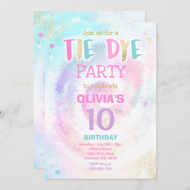 Invitation Tie Dye fête d'anniversaire Pastel Tie Dye fête d' (Devant / Derrière)