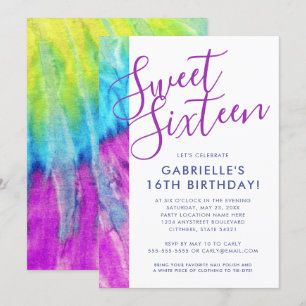 Invitation Tie Dye Hippy Chic Purple Aqua Blue Sweet 16