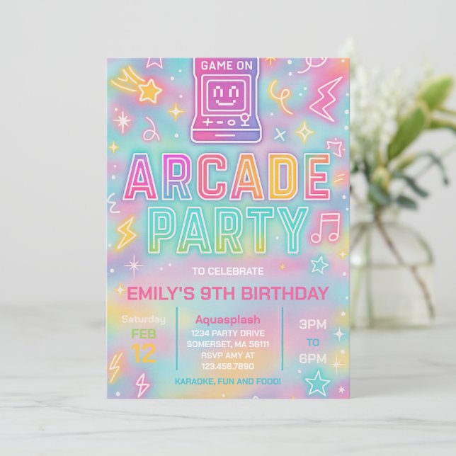 Invitation Tie Dye Neon Glow Arcade Party Anniversaire Invita (Debout devant)