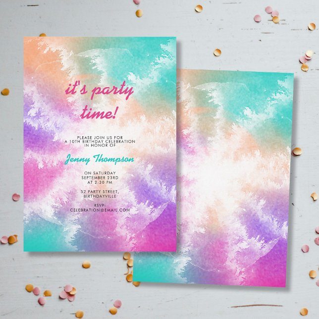 Invitation Tie Dye Pastel Rose Orange Turquoise Violet Annive (Tie Dye Pastel Pink Orange Teal Purple Birthday Invitation)