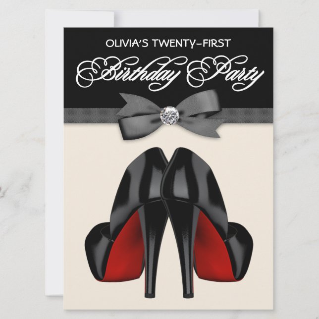 Invitation Tie papillon rouge noir femme 21e anniversaire (Devant)