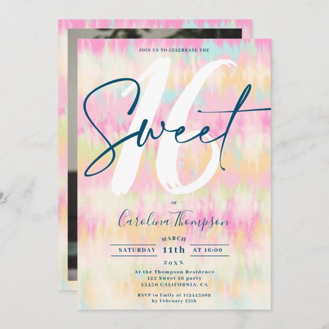 Invitation Tie teint unicorn arc-en-ciel pastel police photo  (Devant / Derrière)