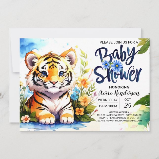 Invitation Tiger Cub Adventures Baby shower Bleu (Devant)