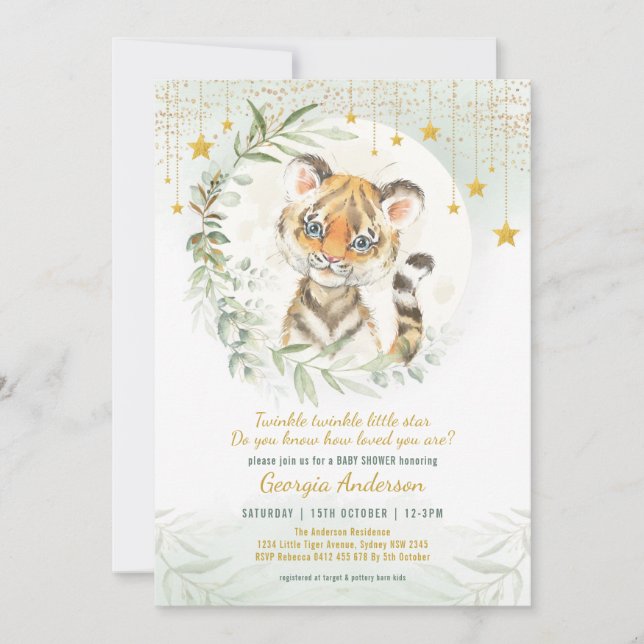 Invitation Tiger Cub Verdure Lune Twinkle Etoiles Baby shower (Devant)