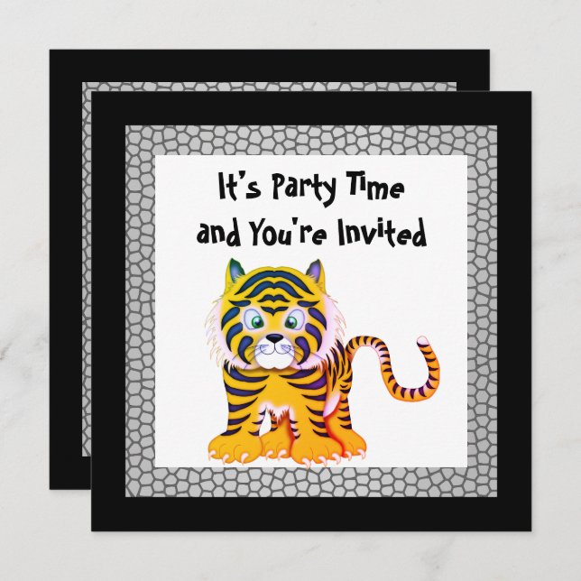 INVITATION TIGER JAUNE RÉPTILE NOIR IMPRIMER ANNIVERSAIRE (Devant / Derrière)