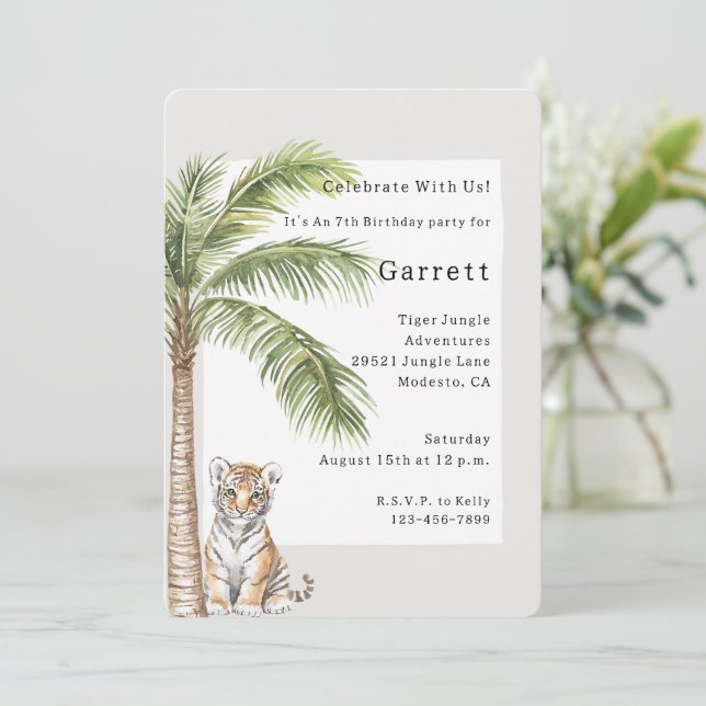 Invitation Tiger Jungle Animal Palm Tree Anniversaire (Debout devant)