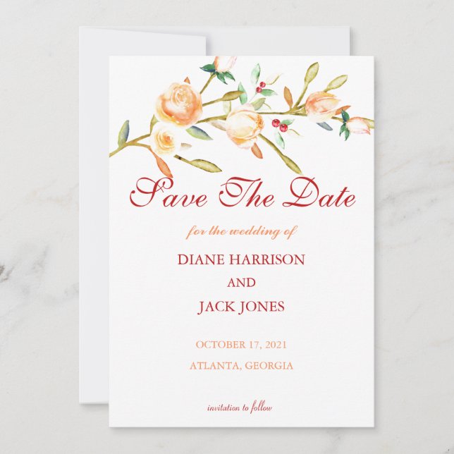 Invitation Tiges aquarelles de rose et de baie pour mariage (Devant)