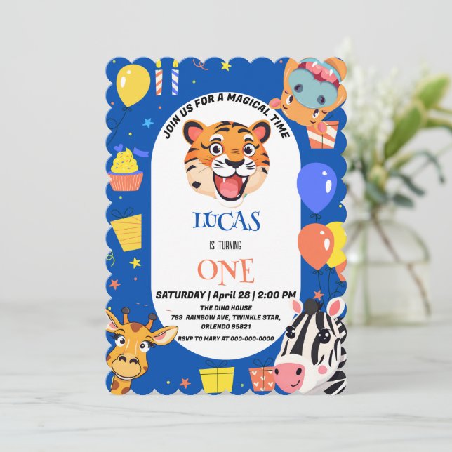 Invitation Tigre amusant Zèbre Hippopotame safari zoo Anniver (Debout devant)