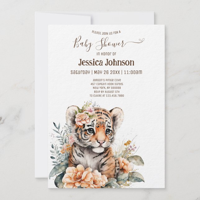 Invitation Tigre d'aquarelle en Baby shower de fleurs (Devant)