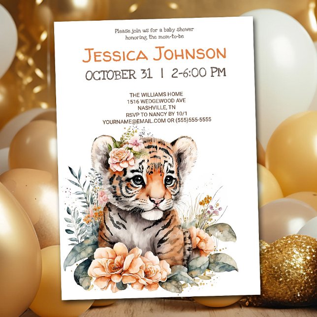 Invitation Tigre d'aquarelle en Baby shower de fleurs (Créateur téléchargé)