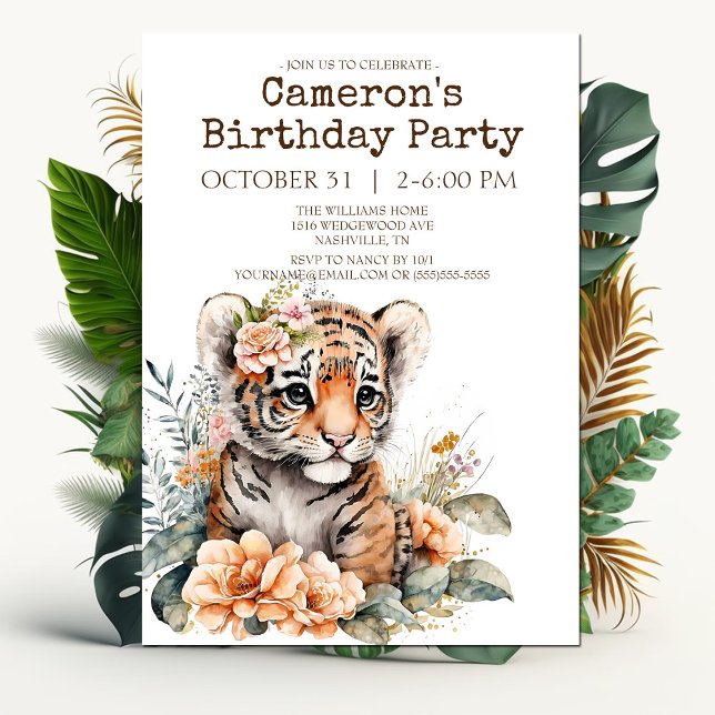 Invitation Tigre d'aquarelle en fleurs fête d'anniversaire (Créateur téléchargé)