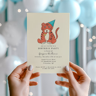 Invitation Tigre de dessin animé dans un chapeau de fête Anni