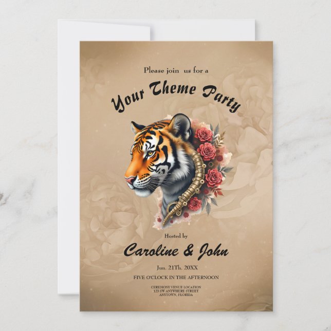 Invitation Tigre de Steampunk avec illustration Rose. (Devant)