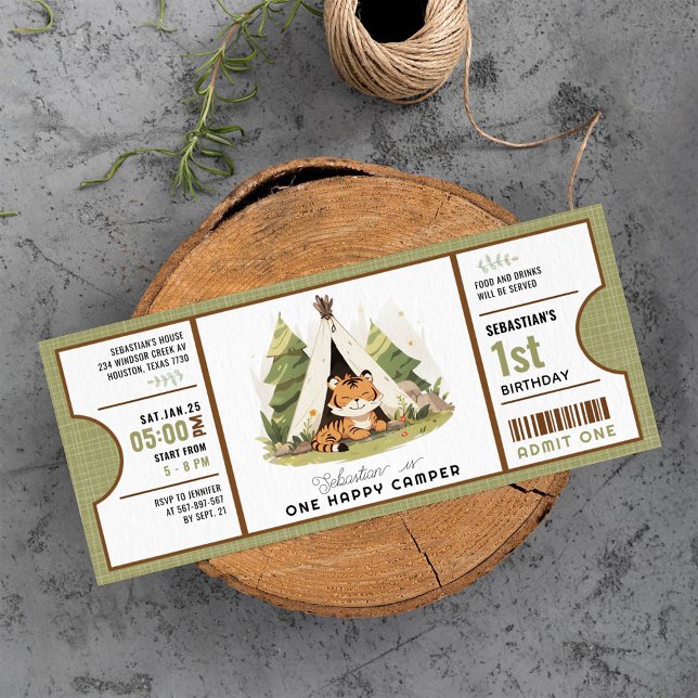 Invitation Tigre mignon Un joyeux Camper 1er Anniversaire Bil (Créateur téléchargé)