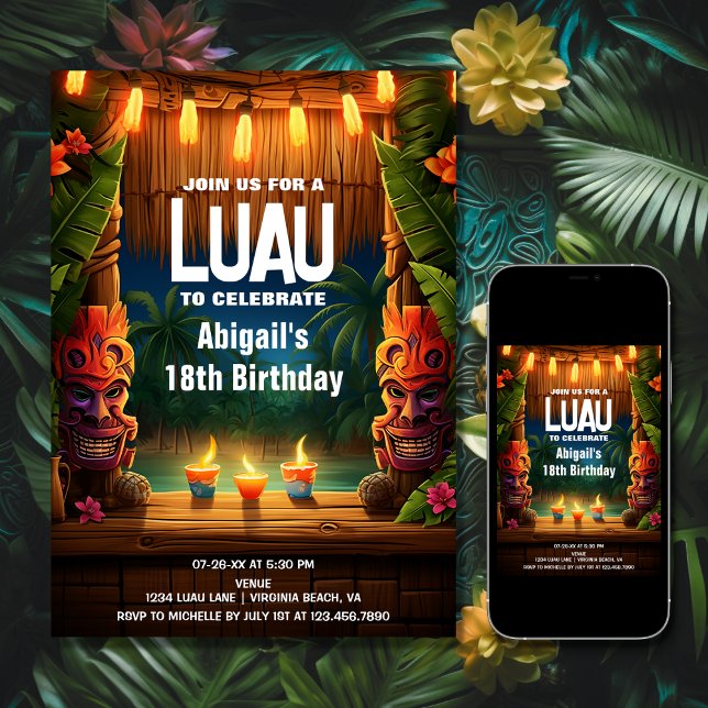Invitation Tiki Luau Hawaiian Tropical Island Beach Anniversa (Printed and Digital - Tiki Luau Hawaiian Tropical Island Beach Birthday Invitation)