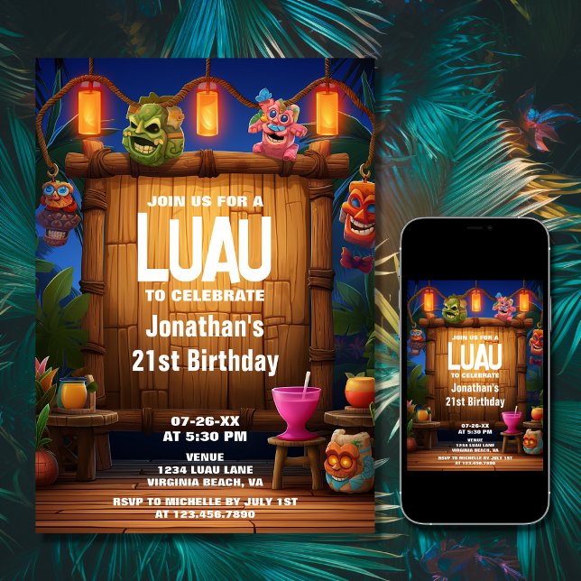 Invitation Tiki Luau Hawaiian Tropical Island Beach Anniversa (Printed and Digital - Tiki Luau Hawaiian Tropical Island Beach Birthday Invitation)