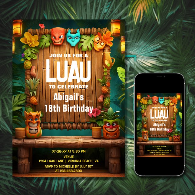 Invitation Tiki Luau Hawaiian Tropical Island Beach Anniversa (Printed and Digital - Tiki Luau Hawaiian Tropical Island Beach Birthday Invitation)