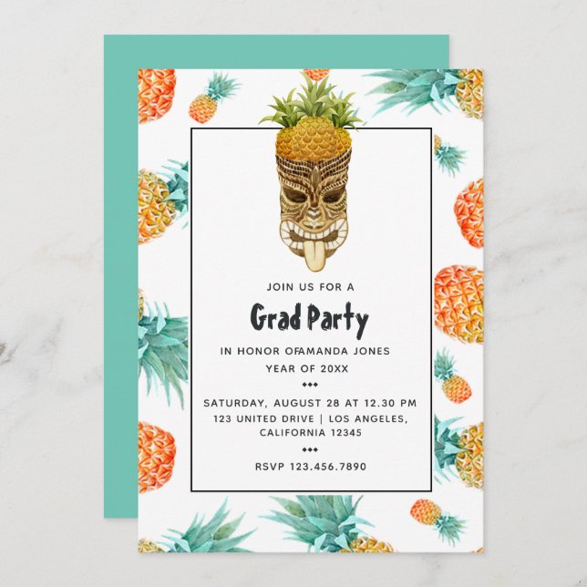 Invitation Tiki Luau Summer Pineapple Beach Graduation Party (Devant / Derrière)