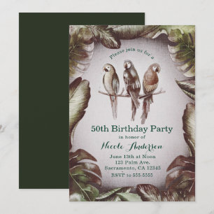 Invitation Tiki Tropical Vintage Oiseaux Perroquets et Feuill