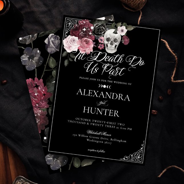 Invitation Til Death Aquarelle Crâne Rose Mariage gothique (Til Death Watercolor Skull Rose Gothic Wedding Invitation)