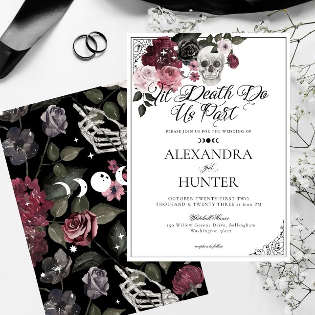 Invitation Til Death Aquarelle Crâne Rose Mariage gothique (Til Death Watercolor Skull Rose Gothic Wedding Invitation)