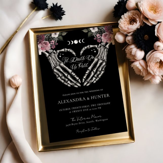 Invitation Til Death Aquarelle Squelette Mains Mariage gothiq (Til Death Watercolor Skeleton Hands Gothic Wedding Invitation (Front))