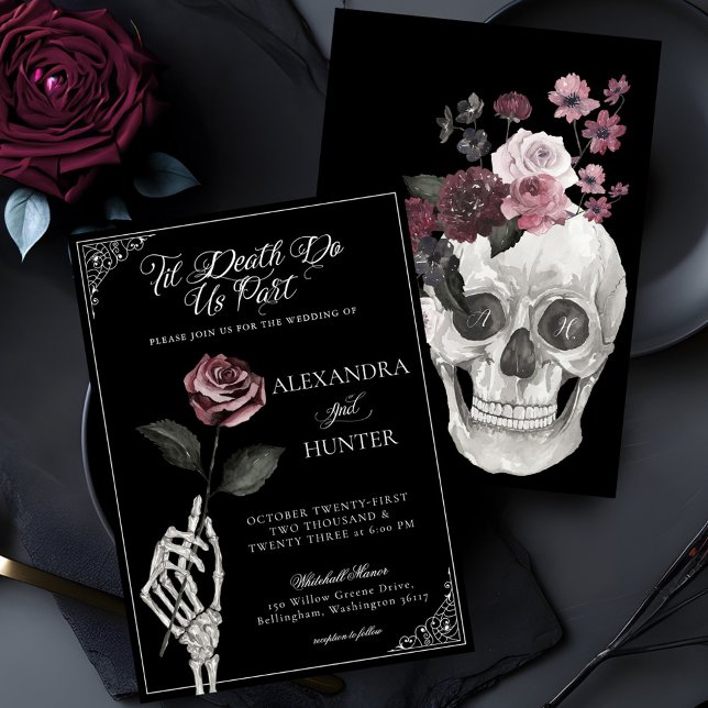 Invitation Til Death Aquarelle Squelette Rose Mariage gothiqu (Til Death Watercolor Skeleton Rose Gothic Wedding Invitation)