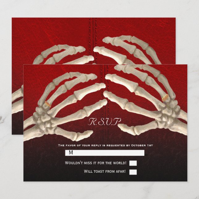 Invitation Til Death Blood Red Skeleton Gold Wedding RSVP (Devant / Derrière)