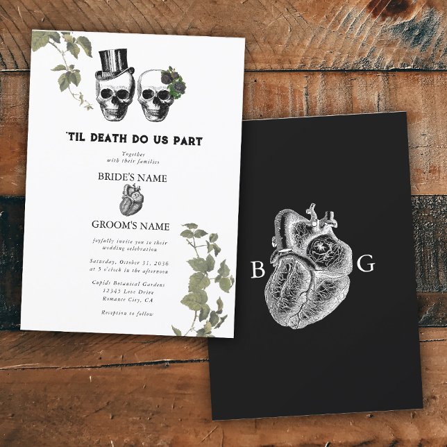 Invitation Til Death Coeur gothique Mariage des crânes florau (Til Death Gothic Heart Floral Skulls Wedding Invitation)