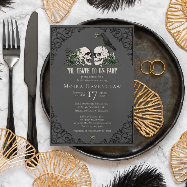 Invitation Til Death Do Us Part Mr and Mrs Skulls Green Roses (Irish Til Death Do Us Part Gothic Goth Bridal Shower Invitation. Hand Drawn Skull, Crow, Green Roses)