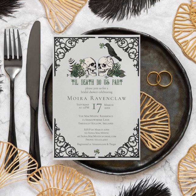 Invitation Til Death Do Us Part Mr and Mrs Skulls Green Roses (Irish Til Death Do Us Part Gothic Goth Bridal Shower Invitation. Hand Drawn Skull, Crow, Green Roses)