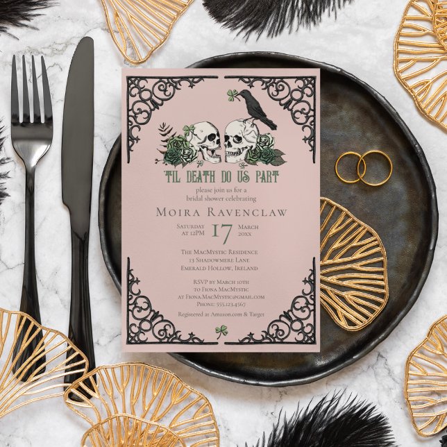 Invitation Til Death Do Us Part Mr and Mrs Skulls Green Roses (Irish Til Death Do Us Part Gothic Goth Bridal Shower Invitation. Hand Drawn Skull, Crow, Green Roses)