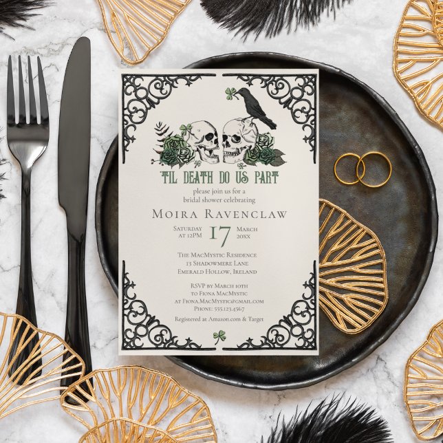 Invitation Til Death Do Us Part Mr and Mrs Skulls Green Roses (Irish Til Death Do Us Part Gothic Goth Bridal Shower Invitation. Hand Drawn Skull, Crow, Green Roses)