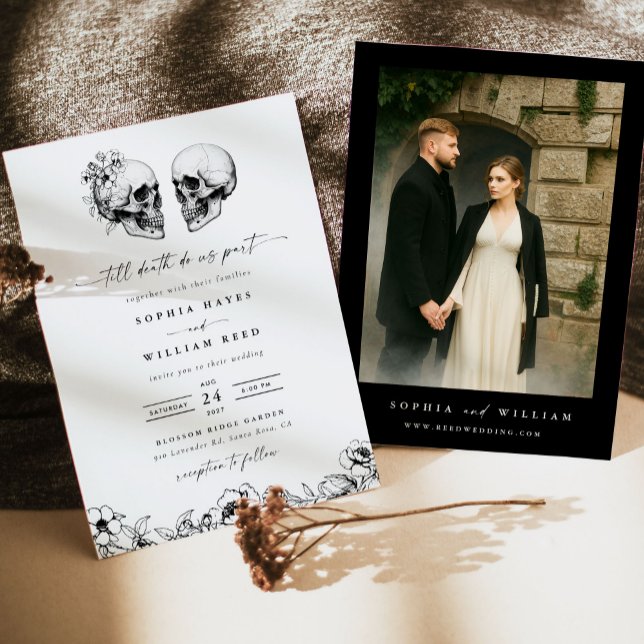 Invitation Til Death Gothic Skull Photo Black Floral Wedding (Créateur téléchargé)