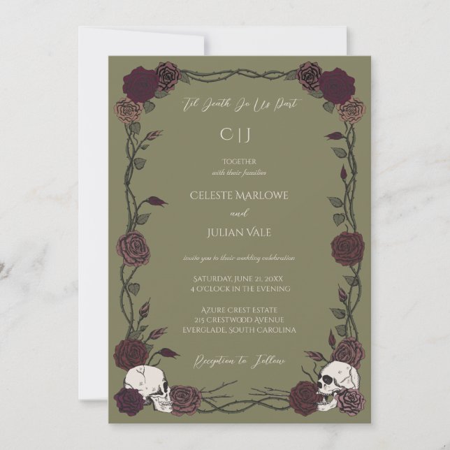 Invitation Til Death Olive Green Gothic Rose Wedding (Devant)