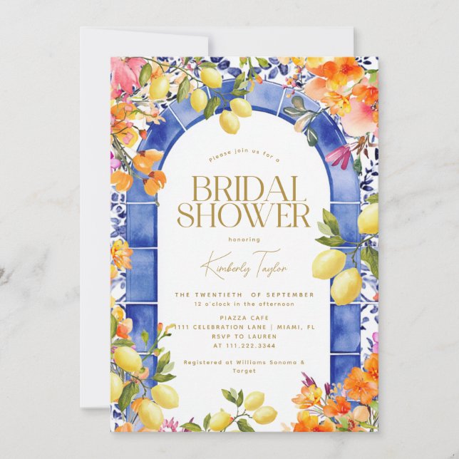 Invitation Tiling bleu italien Citrons Fleurs Enterrement de  (Devant)