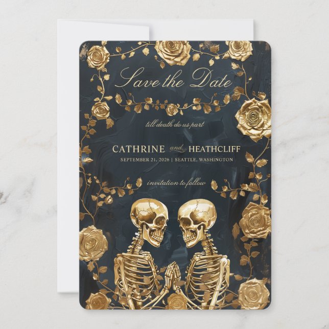 Invitation TILL DEATH Gold Skeletons et Roses Enregistrer la  (Devant)