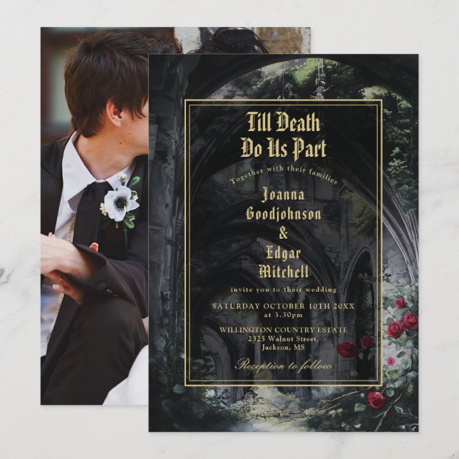 Invitation Till Death Gothic Ruins Roses Floral Photo Wedding (Devant / Derrière)