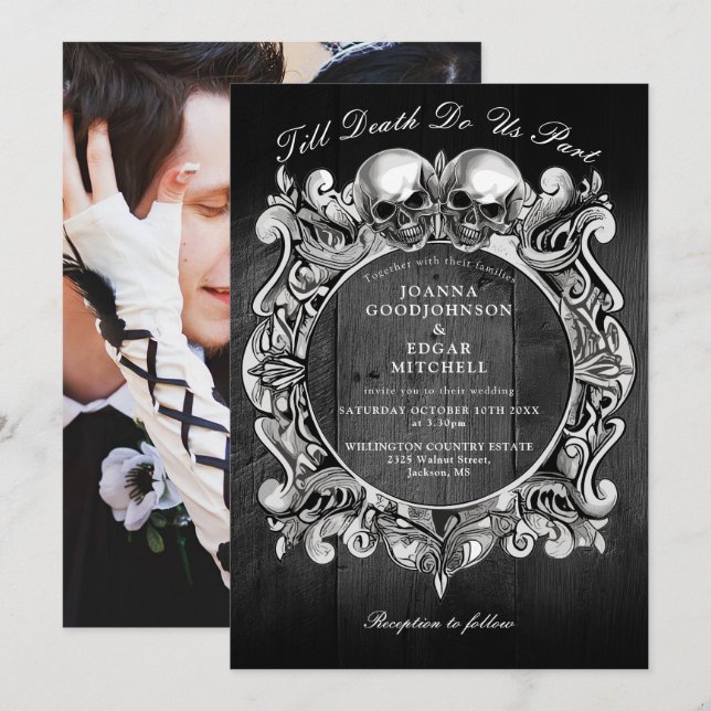 Invitation Till Death Gothic Skuls Mariage photo en bois noir (Devant / Derrière)