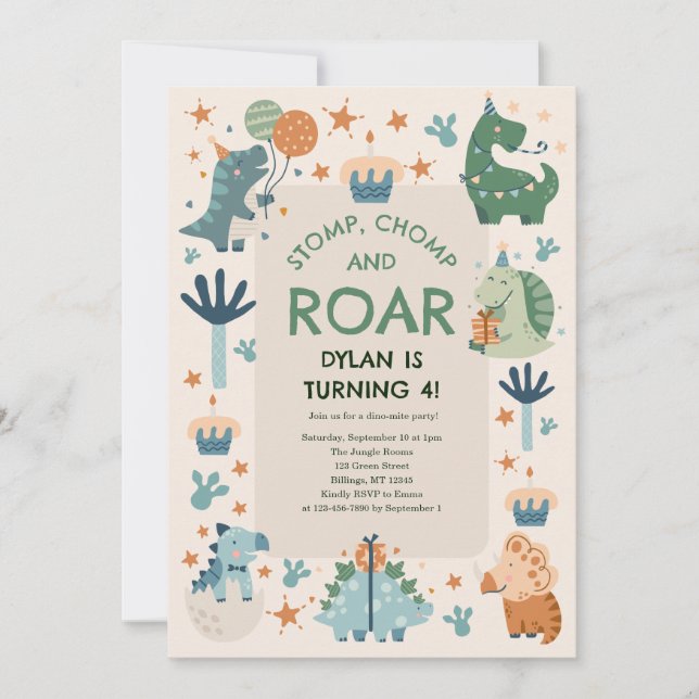 Invitation Timbre, Chompe et Dinosaure de l'année de l'enfant (Devant)