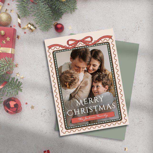 Invitation Timbre rétro de Noël Coquette Photo de famille  (Family Photo Vintage Christmas Stamp Coquette Invitation)
