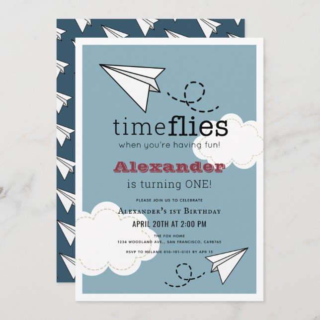 Invitation Time Flies Papier Plan Blue Boy 1er anniversaire (Devant / Derrière)
