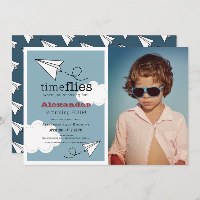 Invitation Time Flies Papier Plan Blue Boy Photo Anniversaire (Devant / Derrière)